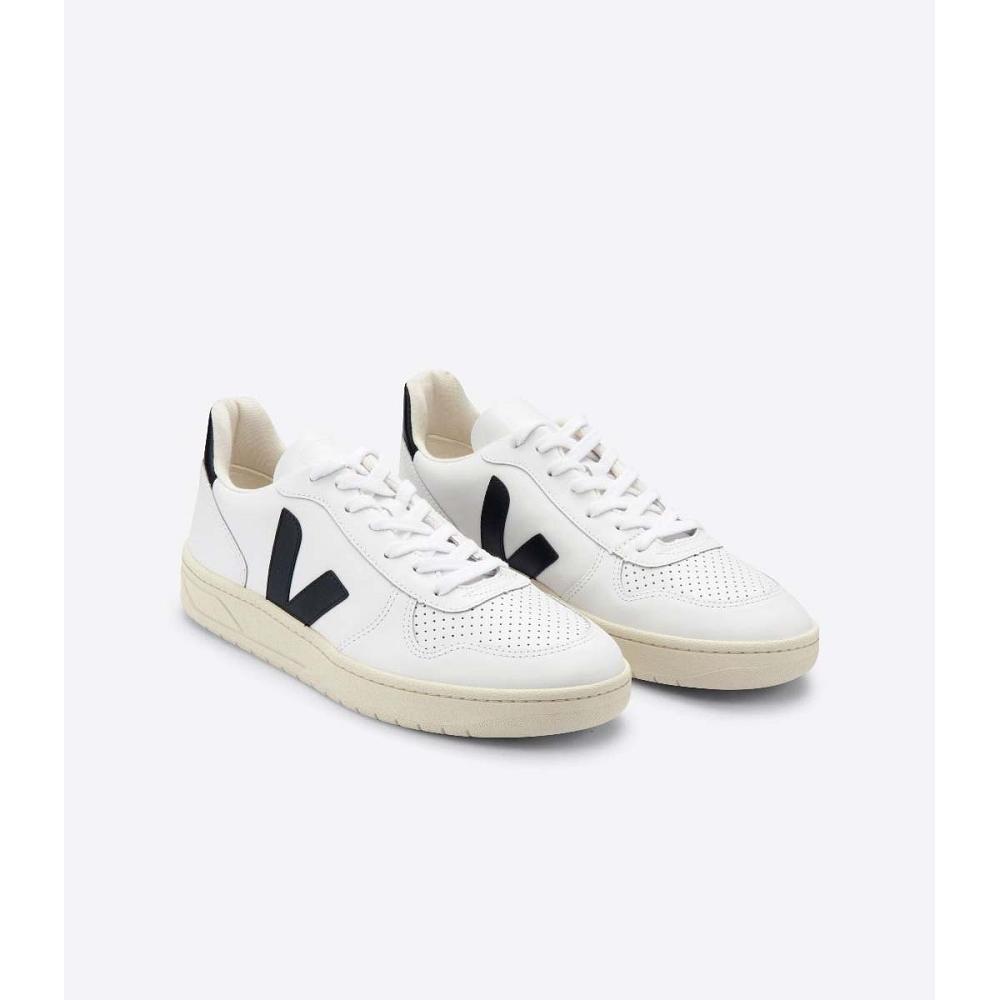 Men's Veja V-10 LEATHER Sneakers White/Black | ZA 337FDN